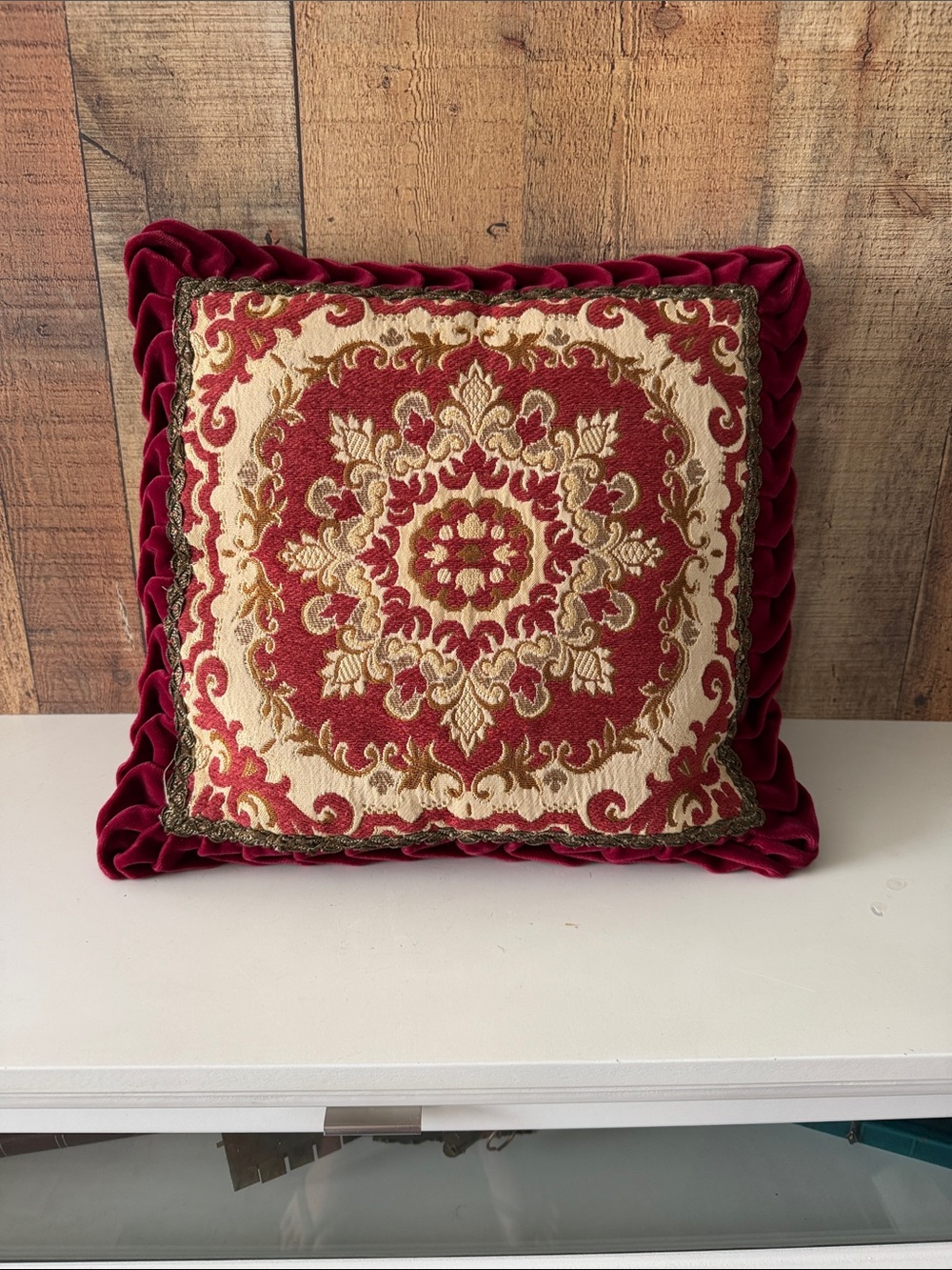Vintage Tapestry Red and Cream Damask Decorative Velvet Throw Pillow